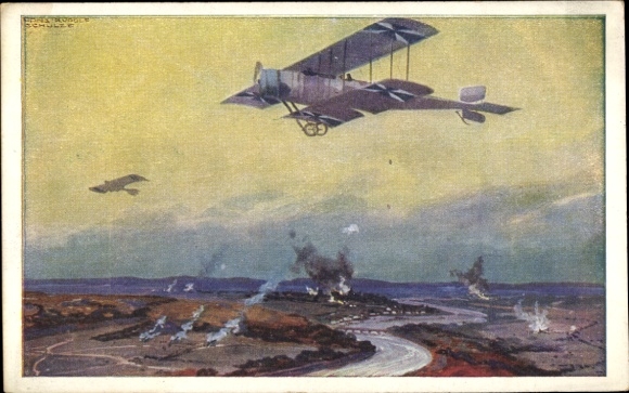 Künstler Ak Schulze, Hans Rudolf, Militärdoppeldecker auf Erkundungsflug an der Marne, I. WK
