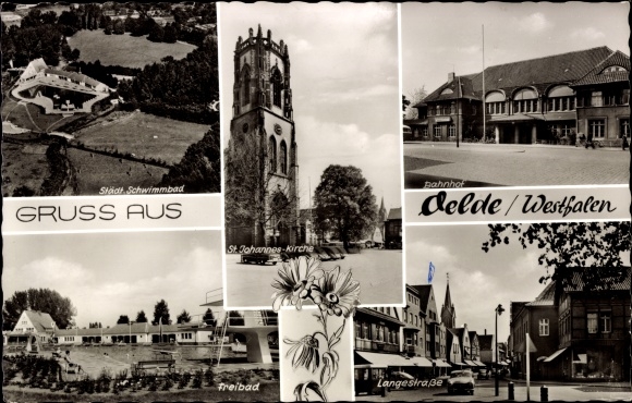Ak Oelde in Münsterland Westfalen, treinstation, buitenzwembad, Langestrasse, St. John's Church