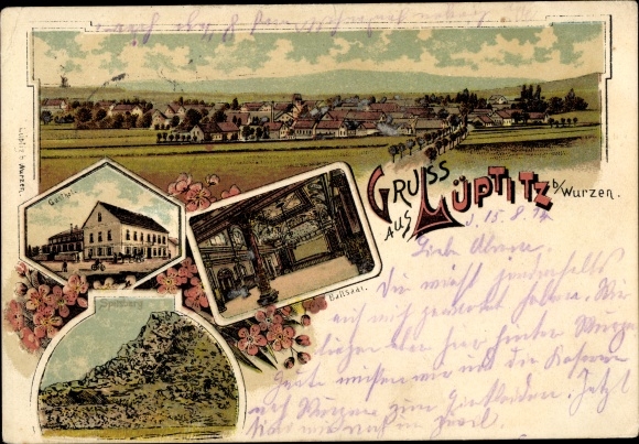 litho Lüptitz Lossatal Saksen, herberg, balzaal, steengroeve, algemeen beeld