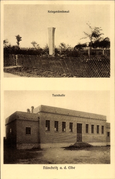 Postcard Nünchritz in Saxony, war memorial, gymnasium