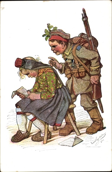 Artist PC Beithan, Emil, Hessin reads a letter, returned soldier, love of soldiers, I. WW