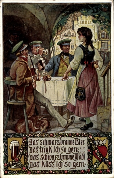 Studentika Postcard Black-brown beer I love to drink, pub scene