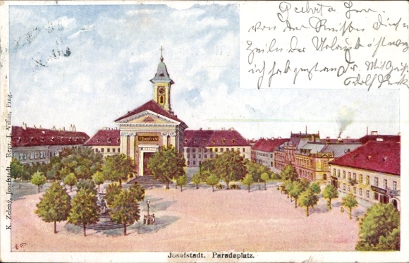 Ak Wien 8 Josefstadt, uitzicht op Paradeplatz, klokkentoren, bomen, historische gebouwen