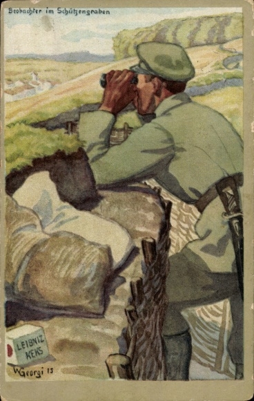 Artist Postcard Georgi, W., Observer in the trench, advertising, Leibniz biscuit