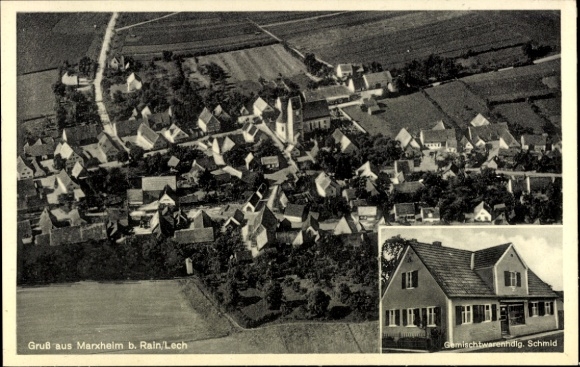 Postcard Marxheim in Swabia Bavaria, aerial view of Marxheim, houses, church, rural surroundings