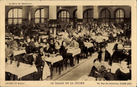 Postcard Paris XI, Le Palais de la Femme, Rue de Charonne, Army du Salut, Salle du Restaurant