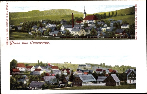 Ak Cunewalde in de wijk Bautzen, totaaloverzicht van het dorp, kerk
