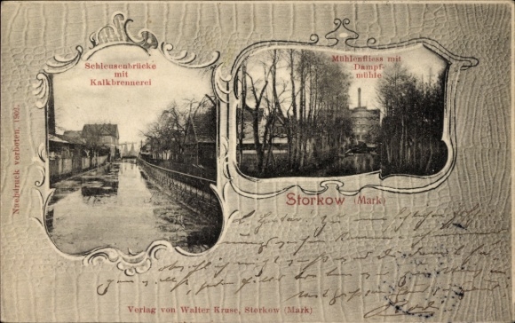 Postcard Storkow in der Mark, lock bridge, lime kiln, mill stream, steam mill