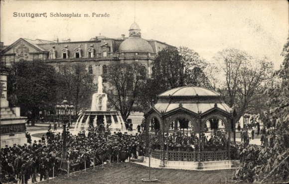 Postcard Stuttgart in Baden Württemberg, Schlossplatz with parade, bandstand, orchestra, fountain