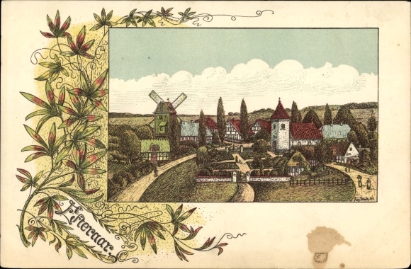 Artist PC Denmark, Efteraar, village motif in autumn, church, windmill