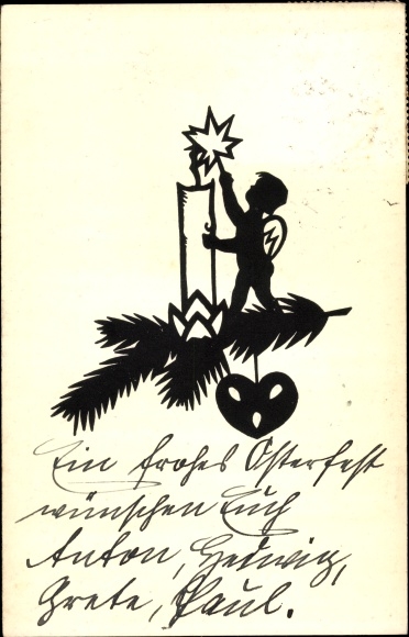 Paper cut artist Postcard Schwindt, AM, angel lights a candle, fir branches