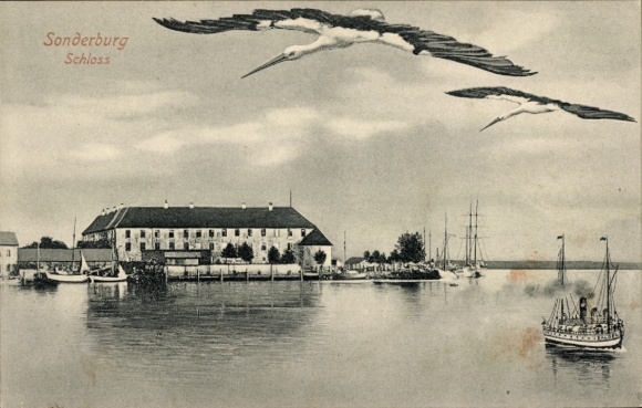 Postcard Sønderborg Sonderburg Denmark, castle, storks