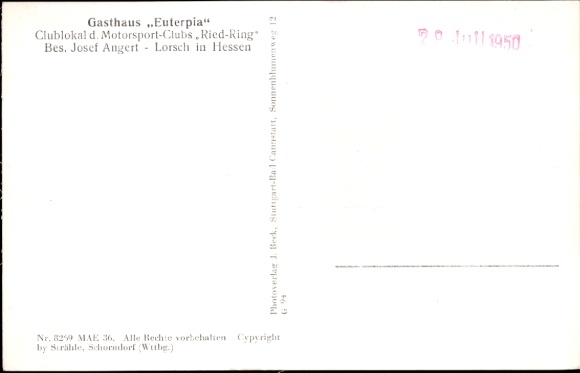 Postcard Lorsch on the Bergstraße Hesse, aerial view of building, landscape, Gasthaus Euterpia