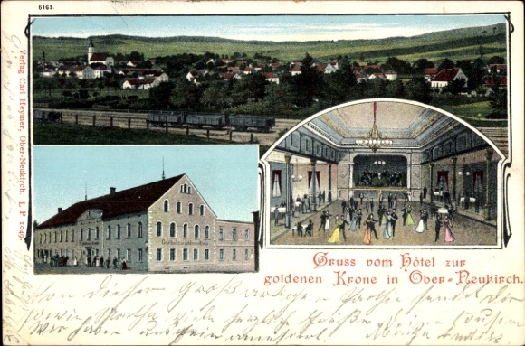 Postcard Oberneukirch Neukirch in the Lusatia, Panorama, Hotel zur goldenen Krone, Hall