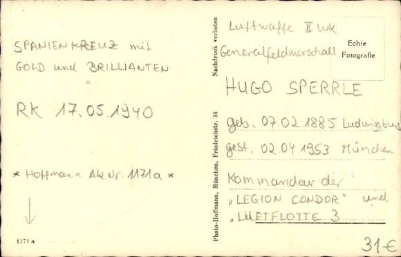 Ak-veldmaarschalk van de luchtmacht Hugo Sperrle, ridderkruishouder, foto Hoffmann 1171 a