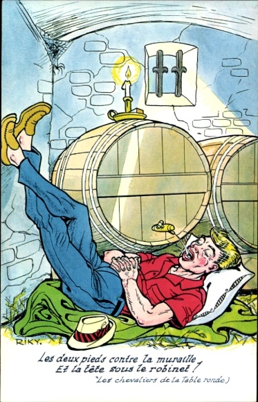 Künstler Ak Riky, Mann trinkt Alkohol, Fässer, Humor