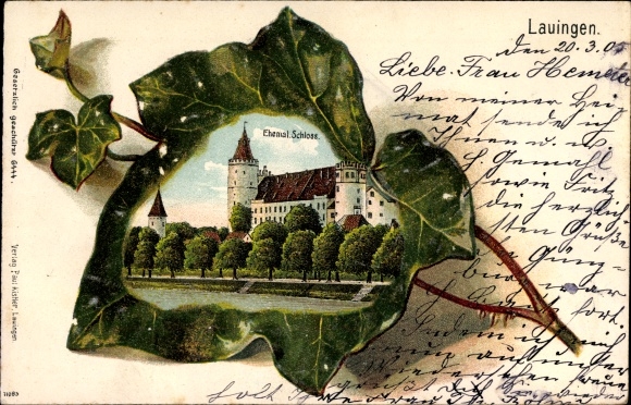 Klimopblad Litho Lauingen aan de Donau Zwabische Jura, zicht op het voormalige kasteel