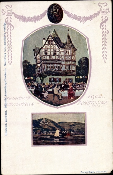 Ansichtkaart Düsseldorf aan de Rijn, restaurant, gasten, zeilboot