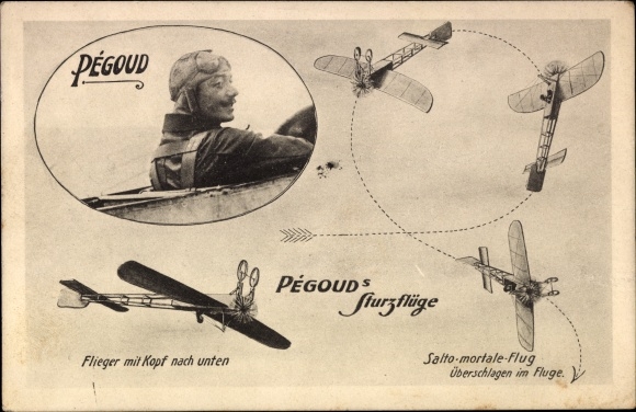Postcard Aviation, Pegoud's swoops, Salto mortale, portrait of the pilot