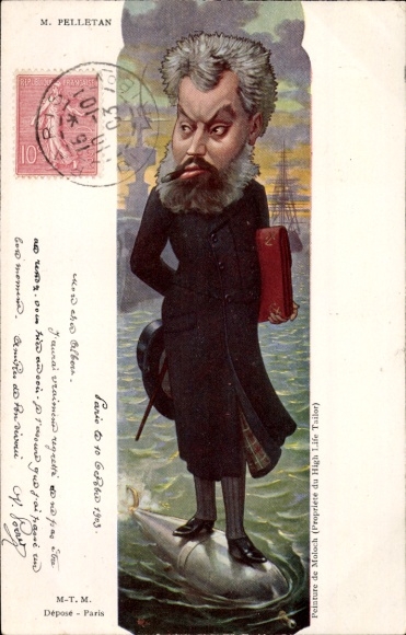 Artist Postcard Sirat, Camille Pelletan, Minister of the Navy, portrait on a torpedo, caricature
