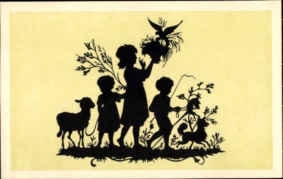 Paper cutting artist Postcard Fröhlich, Karl, The found nest, children, sheep, hobby horse