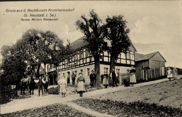 Postcard Neuhäusern Krumhermsdorf Neustadt in Sachsen, restaurant of Gustav Michel, residents, horses