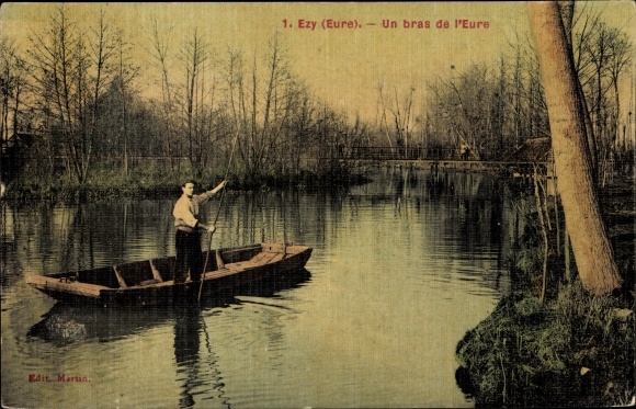 Postcard Ezy Eure, An Arm of the Eure, Man Standing on a Boat
