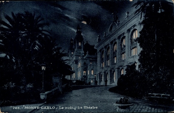 Ak Monte Carlo Monaco,  Theatergebäude, Nachtaufnahme, Palmen