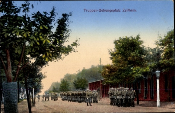 Postcard Zeithain in Saxony, military training area, soldiers in formation, trees, street lamp
