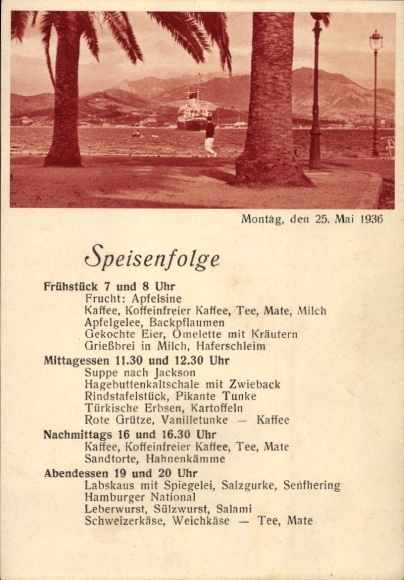 Ak HSDG Zweischrauben Motorschiff Monte Rosa, 25. Mai 1936, Speisenfolge