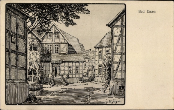 Ak Bad Essen in Nedersaksen, getekend dorpshuis, bomen, straat, raam, dak