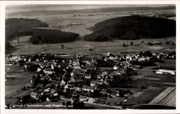 Postcard Fischach in Swabia, aerial photograph, Swabia, rural surroundings, houses, fields