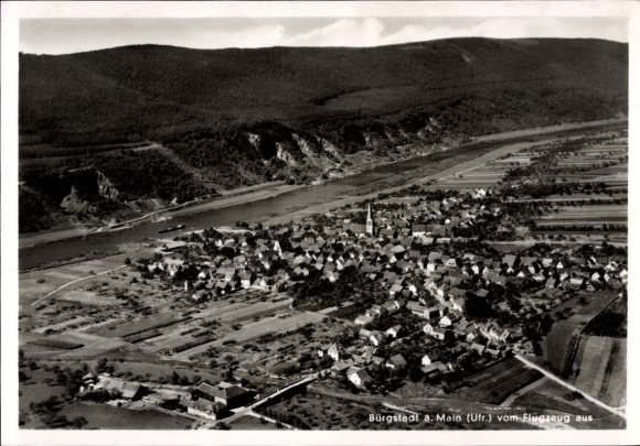Postcard Bürgstadt in Lower Franconia, aerial view of river landscape, mountains, road