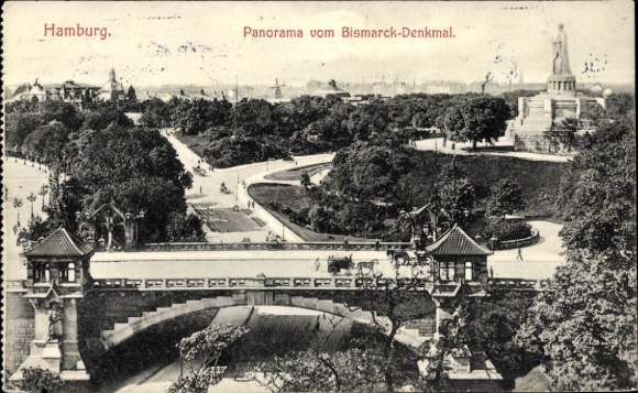 Postcard Hamburg Mitte Neustadt, Kersten Miles Bridge, Bismarck Monument