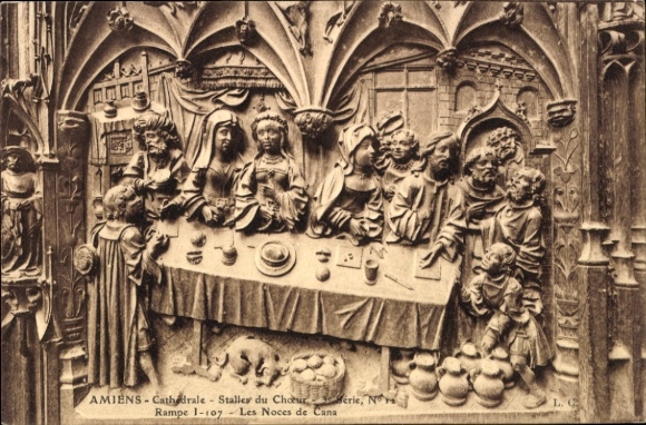 Ak Amiens Somme, Reliefdarstellung, Hochzeitsmahl von Kana, Figuren, Kathedrale von Amiens