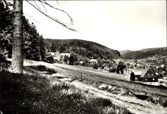 Postcard Rehefeld Zaunhaus Altenberg in the Ore Mountains, landscape photograph, forest, meadows, buildings, hills