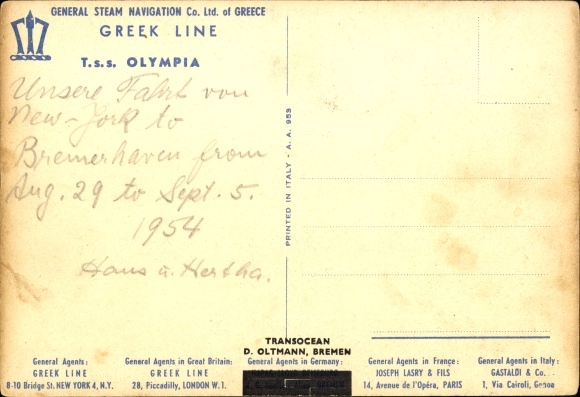Statek pasażerski Artist KP TSS Olympia, linia grecka