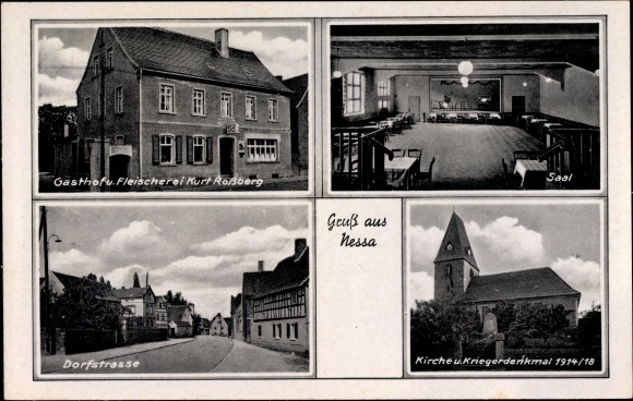 Ak Nessa Teuchern im Burgenlandkreis, Gasthof und Fleischerei Kurt Roßberg, Dorfstraße, Kirche