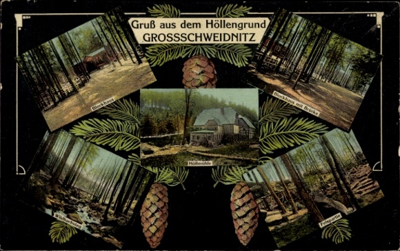 Postcard Großschweidnitz in Saxony, Höllengrund, cave mill, log cabin, forest area