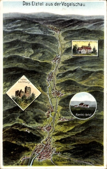 Artist Postcard Felle, Eugen, Elztal in the Odenwald, Kastelburg ruins, pilgrimage chapel, Kandel Hotel