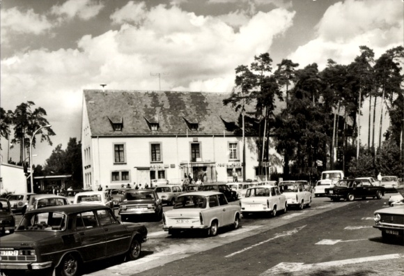 Postcard Hermsdorf in Thuringia, motorway rest area Hermsdorfer Kreuz, Trabant