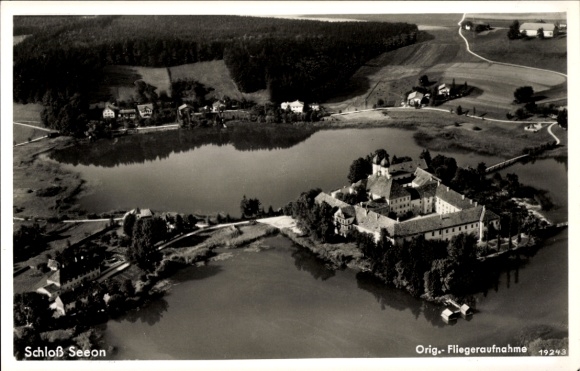 Postcard Seeon Seebruck am Chiemsee Upper Bavaria, aerial photograph, Seeon Castle