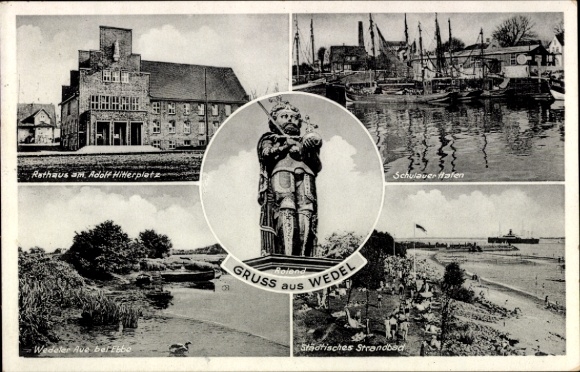 Ak Wedel aan de Elbe, stadhuis op Adolf Hitlerplatz, haven van Schulau, gemeentelijk strand