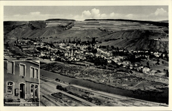 Postcard Wiltingen an der Saar, aerial photograph, general store