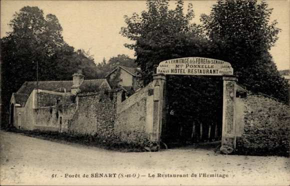 Ak Forêt de Sénart Essonne, Restaurant de l'Ermitage, Foret de Senart, Eingang, Schild mit Namen