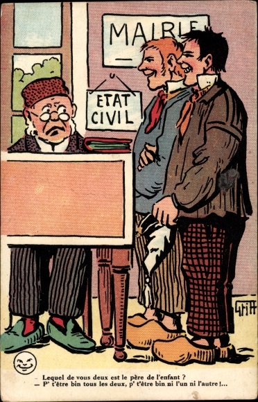 Artist Postcard Griff, Town Hall, Which of you two is the father of the child