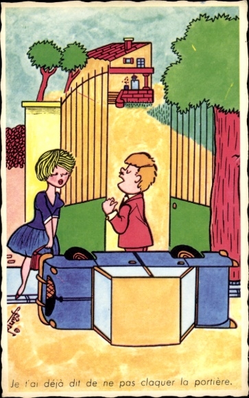 Artist Postcard Traffic accident, car overturned
