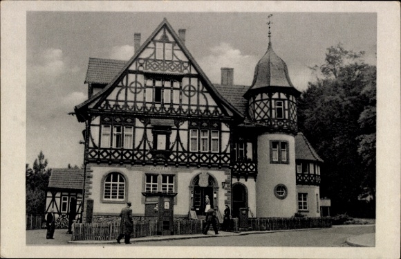 Postcard Bad Liebenstein in the Thuringian Forest, half-timbered house, post office, tower, trees, architecture