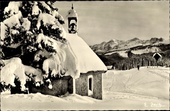 Postcard Reit im Winkl Upper Bavaria, Winklmoos, chapel with Loferer Steinberge, snow