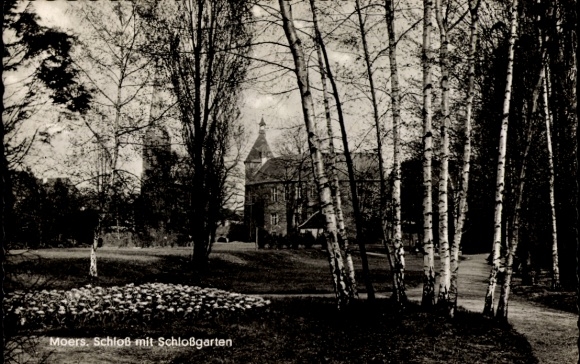 Postcard Moers on the Lower Rhine, castle with castle garden, trees, flowerbed, black and white photography